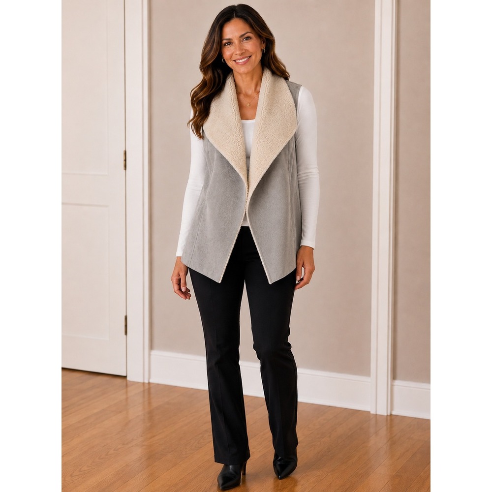 Lauren Ralph Lauren Womens Gray Faux Suede‎ Sherpa Lined Open Front Vest Small